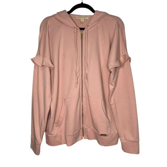 Michael Kors Women’s Large Full Zip Sweater Pink Hooded Ruffle Sleeve - Picture 1 of 7